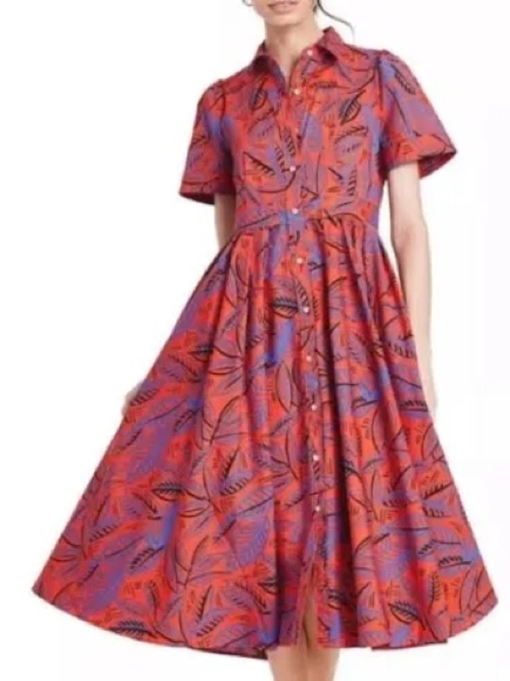 Alexis Orange and Blue Button-Front Fit-and-Flare Midi Dress Size L